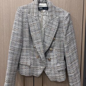 Zara Women's Cream Blue White and Gray Tweed Blazer